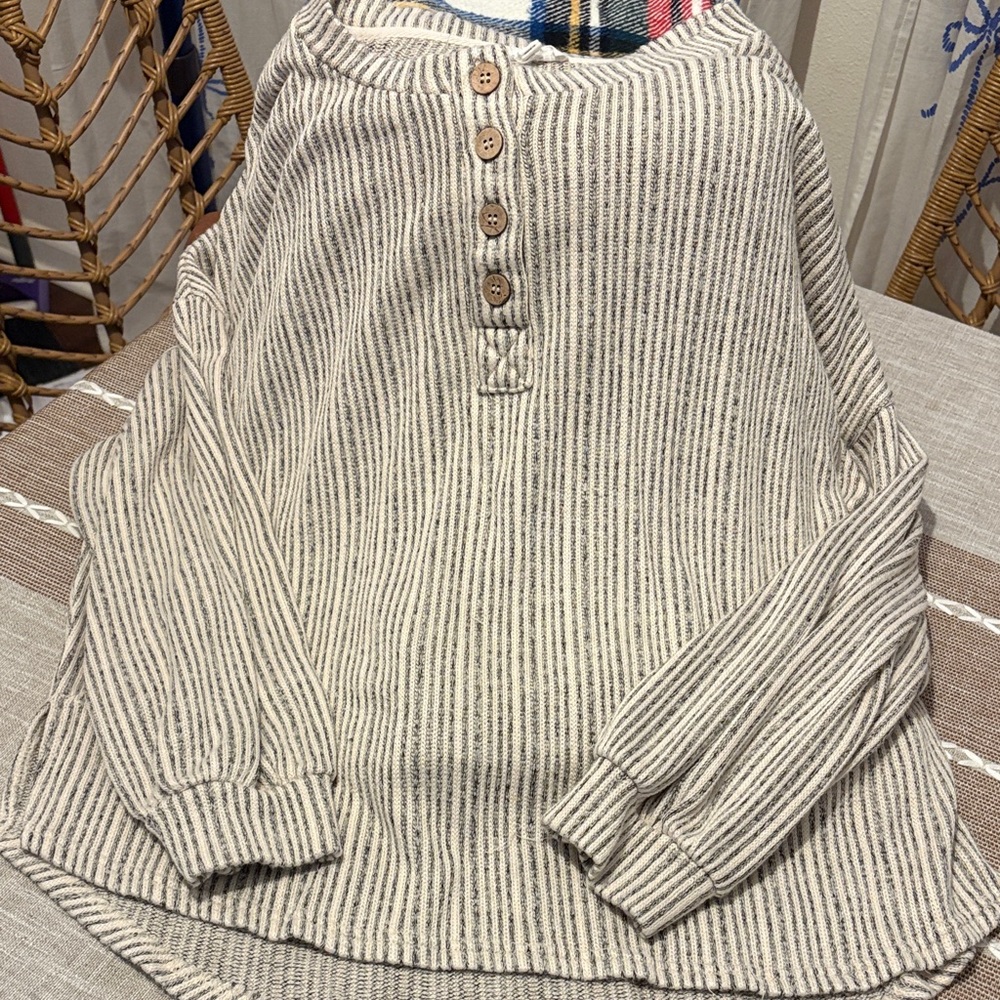Ladies Striped Henley Pullover Shirt - Cream & Black
